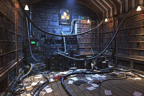 Old library energy preload, complete scene for background. 3D rendering illus Stock Illustration