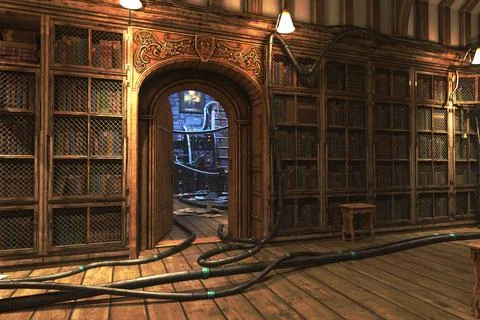 Old library energy preload, complete scene for background. 3D rendering illus Stock Illustration