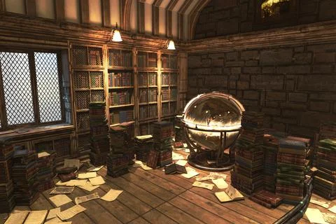 Old library energy preload, complete scene for background. 3D rendering illus Stock Illustration