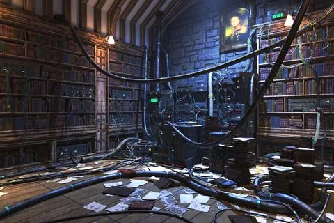 Old library energy preload, complete scene for background. 3D rendering illus Stock Illustration
