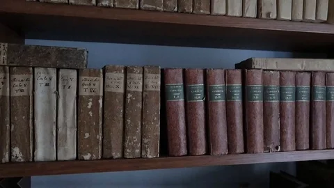 Old library full of old and precious books, shelves full of volumes Stock Footage 120037542