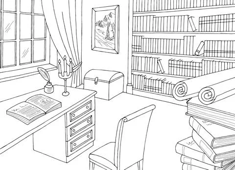 Old library interior graphic black white sketch illustration vector Illustrazione stock