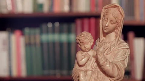 Old library with religious image in foreground. Stock Footage 62471260
