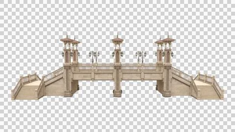 Old light brown stone bridge in ornate architectural style with steps on ei.. Stock Illustration