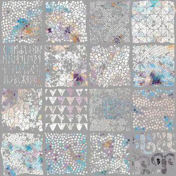 Old light gray rusty vintage worn shabby patchwork square mosaic motif tiles Illustrazione stock