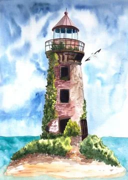 Old lighthouse covered with green climbing plants on sea and sky background Stock Illustration