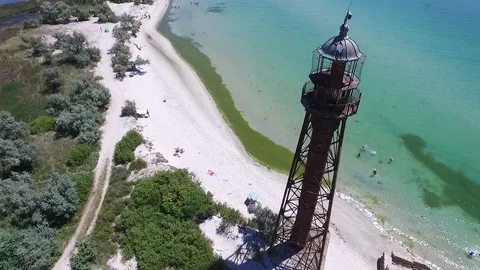Old lighthouse on Dzharylhach Stock Footage 78924204