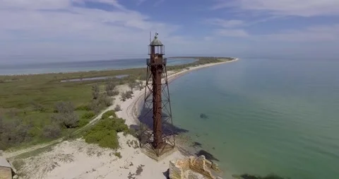 The old lighthouse of Gustave Eiffel on the island of Dzharylgach Stock Footage 234710862