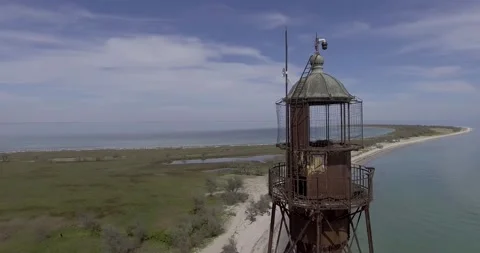 The old lighthouse of Gustave Eiffel on the island of Dzharylgach Stock Footage 234720145