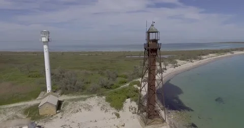 The old lighthouse of Gustave Eiffel on the island of Dzharylgach Stock Footage 234723346