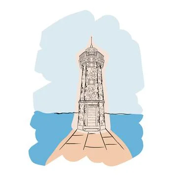 Old lighthouse hand drawn vector illustration line art. Stock Illustration