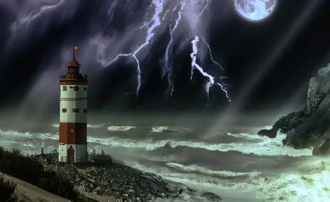 Old lighthouse at the sea shore during thunderstorm and moonlight Stock Illustration