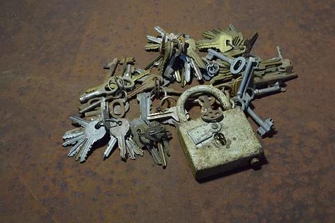Old locks and lots of keys. Stock Photos