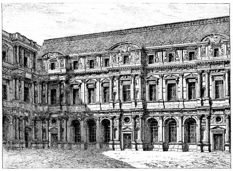 The old Louvre (front of Pierre Lescot), vintage engraving. 库存插图
