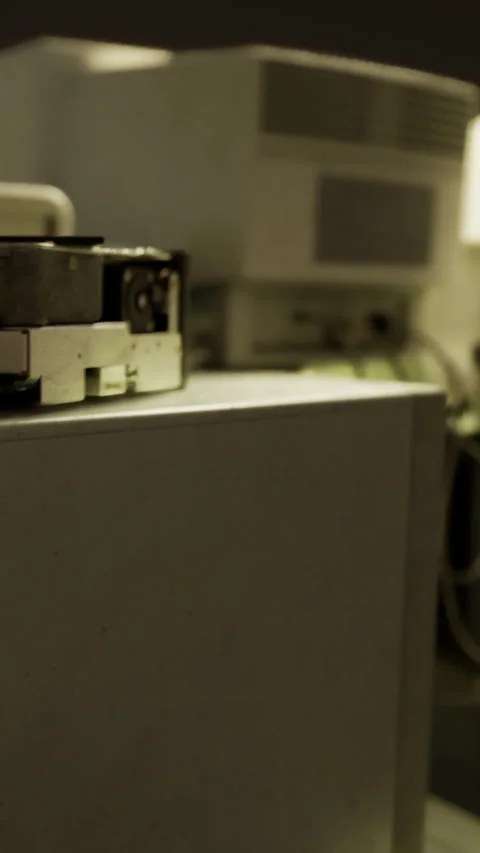 Old machine sits in a dimly lit room filled with other equipment Stock Footage 334197613