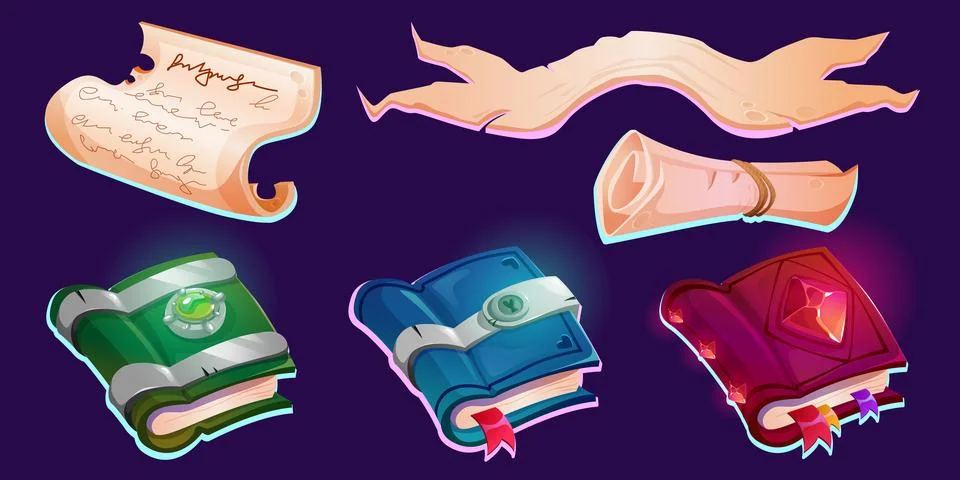 Old magic book and parchment scroll Stock Illustration