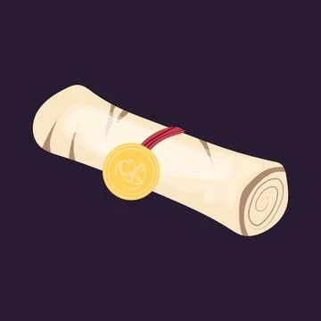 Old magic scrolls with gold medal in flat design. Witchcraft manuscript. Vect Stock Illustration