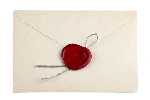 Old mail envelope with red wax seal stamps isolated on white Stock Photos