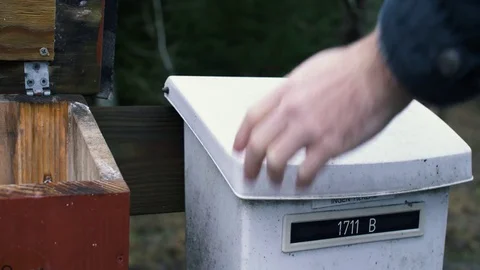 Old mailbox in the forrest being oppened by a hand, that then deliveres a newspa Stock Footage 84658630