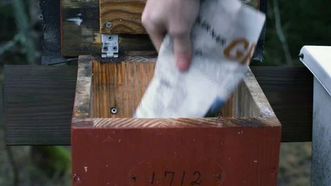 Old mailbox in the forrest being oppened by a hand, that then deliveres a newspa Stock Footage 84658652