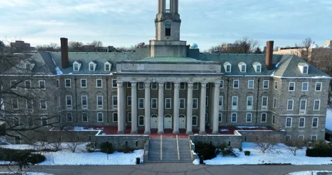 Old Main at Penn State University. Aerial reveal of USA and Pennsylvania Stock Footage