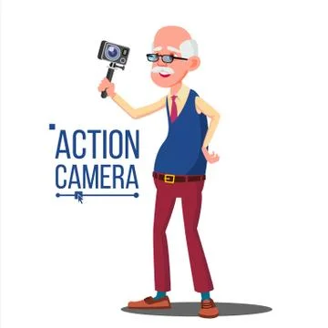 Old Man With Action Camera Vector. Self Video, Portrait. Shooting Process Illustrazione stock