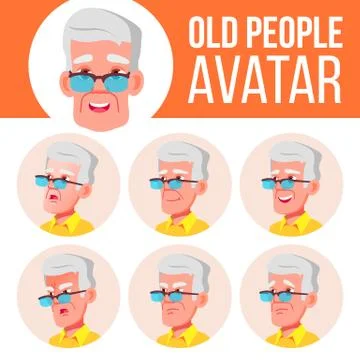 Old Man Avatar Set Vector. Face Emotions. Senior Person Portrait. Elderly People Stock Illustration
