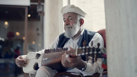 Old man with beard playing a classical instrument 'Sarod' . Blurred background. Stock Footage 316112213