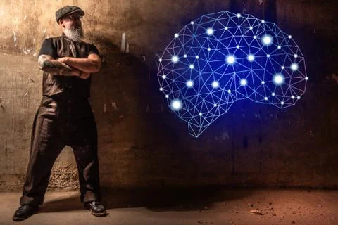 Old man with beard presenting Artificial intelligence symbol 스톡 사진