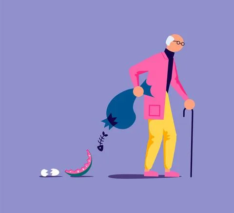 An old man carries a trash to throw away. Character for cleaning and cleanlin Stock Illustration