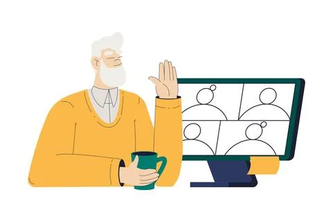 Old Man Character at Computer Communicate with Friends Use Internet and Modern Illustrazione stock