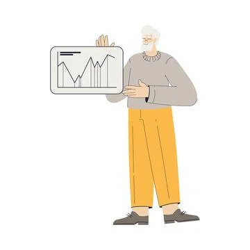 Old Man Character at Computer Screen with Graph Use Internet and Modern Gadget Stock Illustration