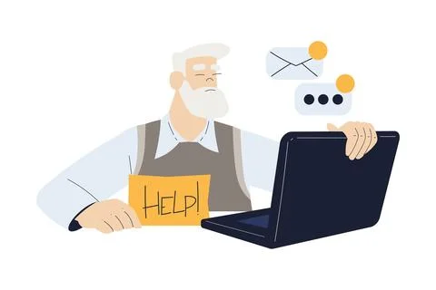 Old Man Character with Laptop Use Internet and Modern Gadget Vector Illustration Stock Illustration