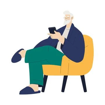 Old Man Character with Smartphone Sit in Armchair Use Internet and Modern Gadget Stock Illustration