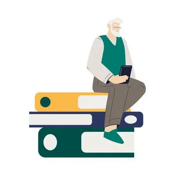 Old Man Character with Tablet Read Book Use Internet and Modern Gadget Vector Stock Illustration