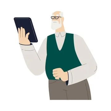 Old Man Character with Tablet Use Internet and Modern Gadget Vector Illustration Illustrazione stock