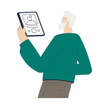 Old Man Character with Tablet Use Internet and Modern Gadget Vector Illustration Illustrazione stock