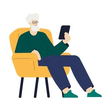 Old Man Character with Tablet Use Internet and Modern Gadget Vector Illustration Illustrazione stock