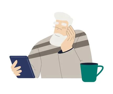 Old Man Character with Tablet Use Internet and Modern Gadget Vector Illustration Illustrazione stock