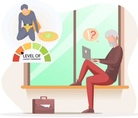 Old man with computer sitting on windowsill. Difficulties, questions in work Stock Illustration