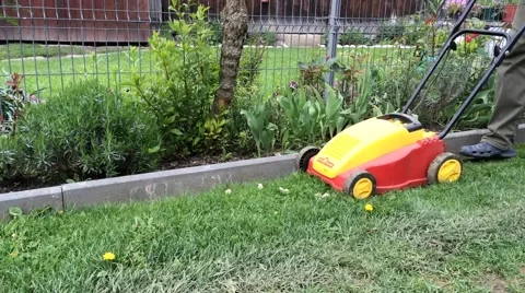 Old man cutting the grass with electric lawn mower Stock Footage 63100647