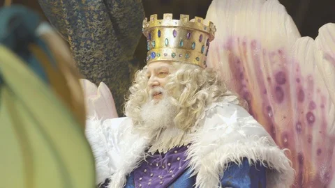 Old man dressed as a king with a crown waving at crowd during carnival Stock Footage 101719040