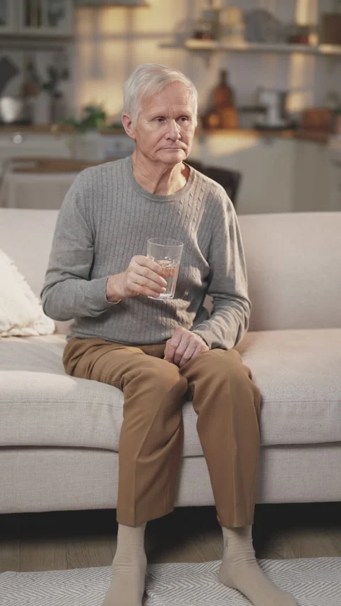 Old man drinking fresh water, healthy lifestyle and useful habits in old age Stock Footage 308304964