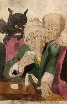 An old man drinks from a cup while a devil and a skeleton stand behind him... Stock Illustration