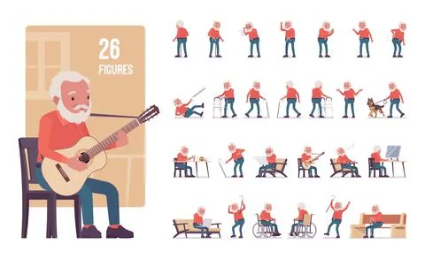 Old man, elderly person set, pose sequences Illustrazione stock