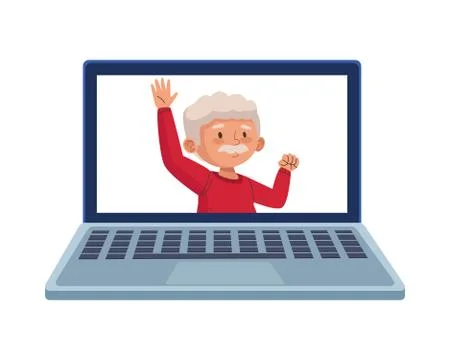 Old man eldery dancing character in laptop Stock Illustration