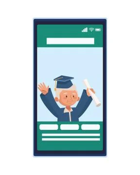 Old man eldery with graduation uniform character in smartphone Stock Illustration