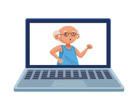 Old man eldery running character in laptop Stock Illustration