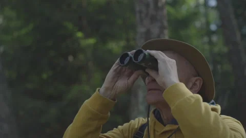 Old man examines forest nature looking through binoculars Stock Footage 241648475