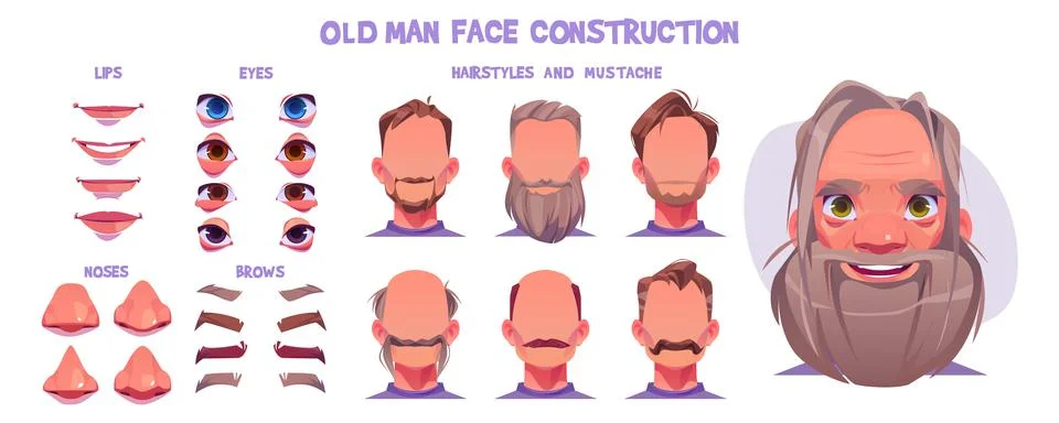 Old man face animation constructor, character kit Stock Illustration